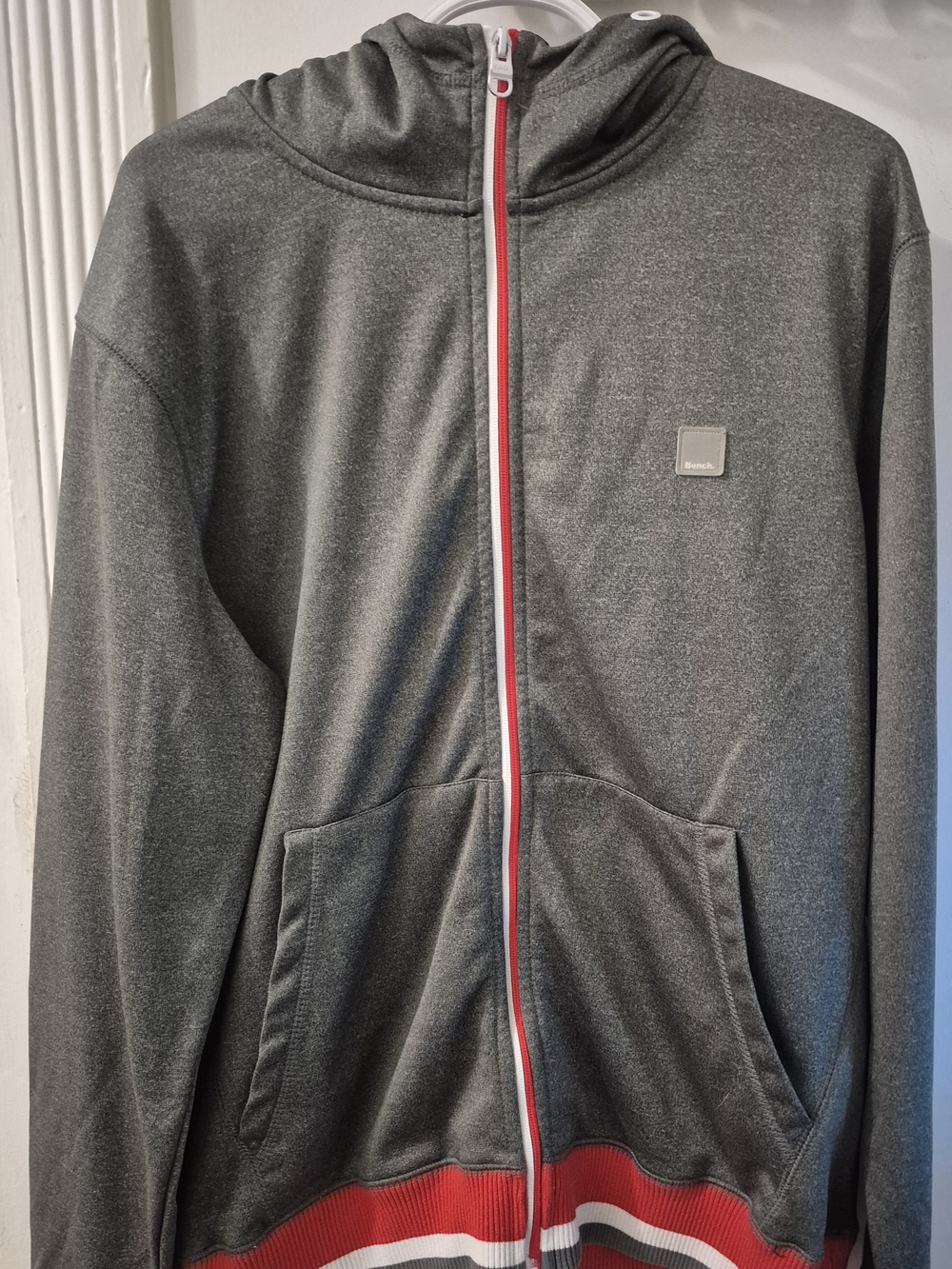 Bench Men's Gray Hooded Zip Sweater with Red Trim